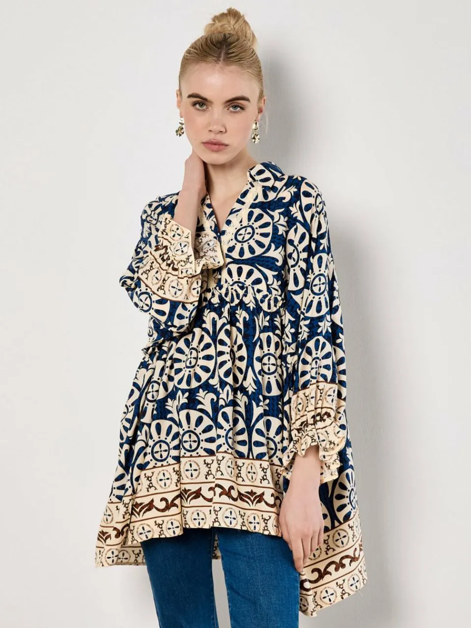 Apricot Blusen<Damen Bluse marine bedruckt