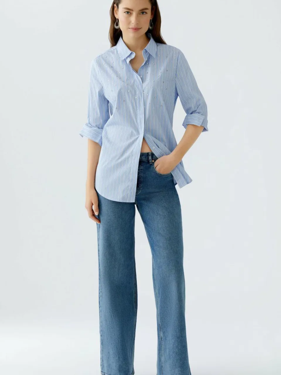 Oui Blusen<Damen Bluse hellblau weiß gestreift