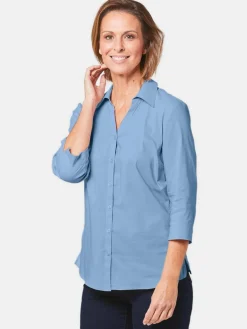 Goldner Blusen<Damen Bluse - Stretchbequeme Bluse mit Baumwolle blau uni