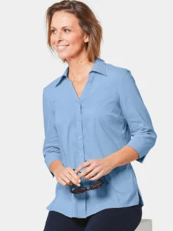Goldner Blusen<Damen Bluse - Stretchbequeme Bluse mit Baumwolle blau uni