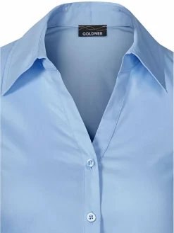 Goldner Blusen<Damen Bluse - Stretchbequeme Bluse mit Baumwolle blau uni
