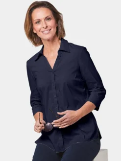 Goldner Blusen<Damen Bluse - Stretchbequeme Bluse mit Baumwolle marine uni