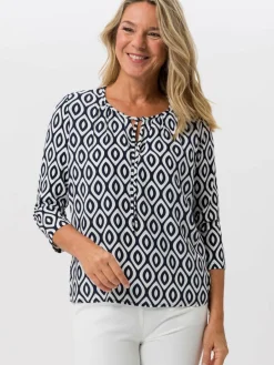 Frank Walder Blusen<Damen Blusenshirt weiß blau gemustert