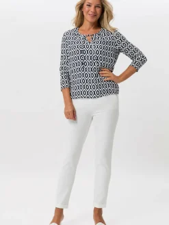 Frank Walder Blusen<Damen Blusenshirt weiß blau gemustert