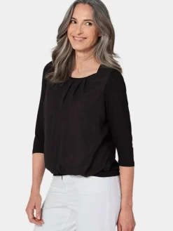 Goldner Blusen<Damen Blusenshirt - Chiffon-Shirt mit 3/4-Arm, Rundhals schwarz uni