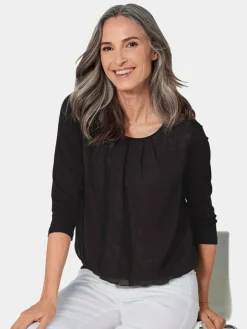 Goldner Blusen<Damen Blusenshirt - Chiffon-Shirt mit 3/4-Arm, Rundhals schwarz uni