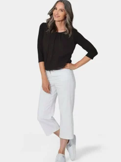 Goldner Blusen<Damen Blusenshirt - Chiffon-Shirt mit 3/4-Arm, Rundhals schwarz uni