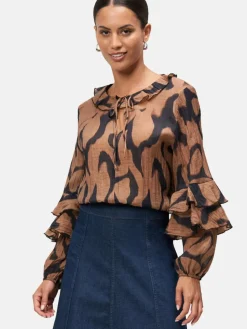 zero Blusen<Damen Crinkle-Bluse schwarz braun gemustert