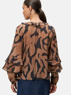 zero Blusen<Damen Crinkle-Bluse schwarz braun gemustert