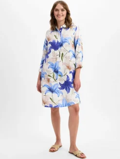 Franco Callegari Kleider<Damen Leinenkleid blau ecru gemustert