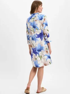 Franco Callegari Kleider<Damen Leinenkleid blau ecru gemustert