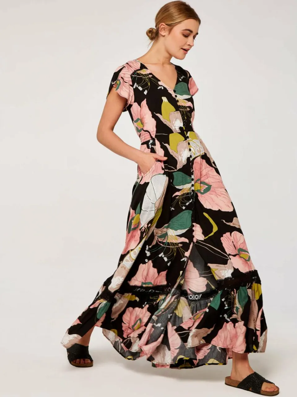 Apricot Kleider<Damen Maxikleid schwarz gemustert