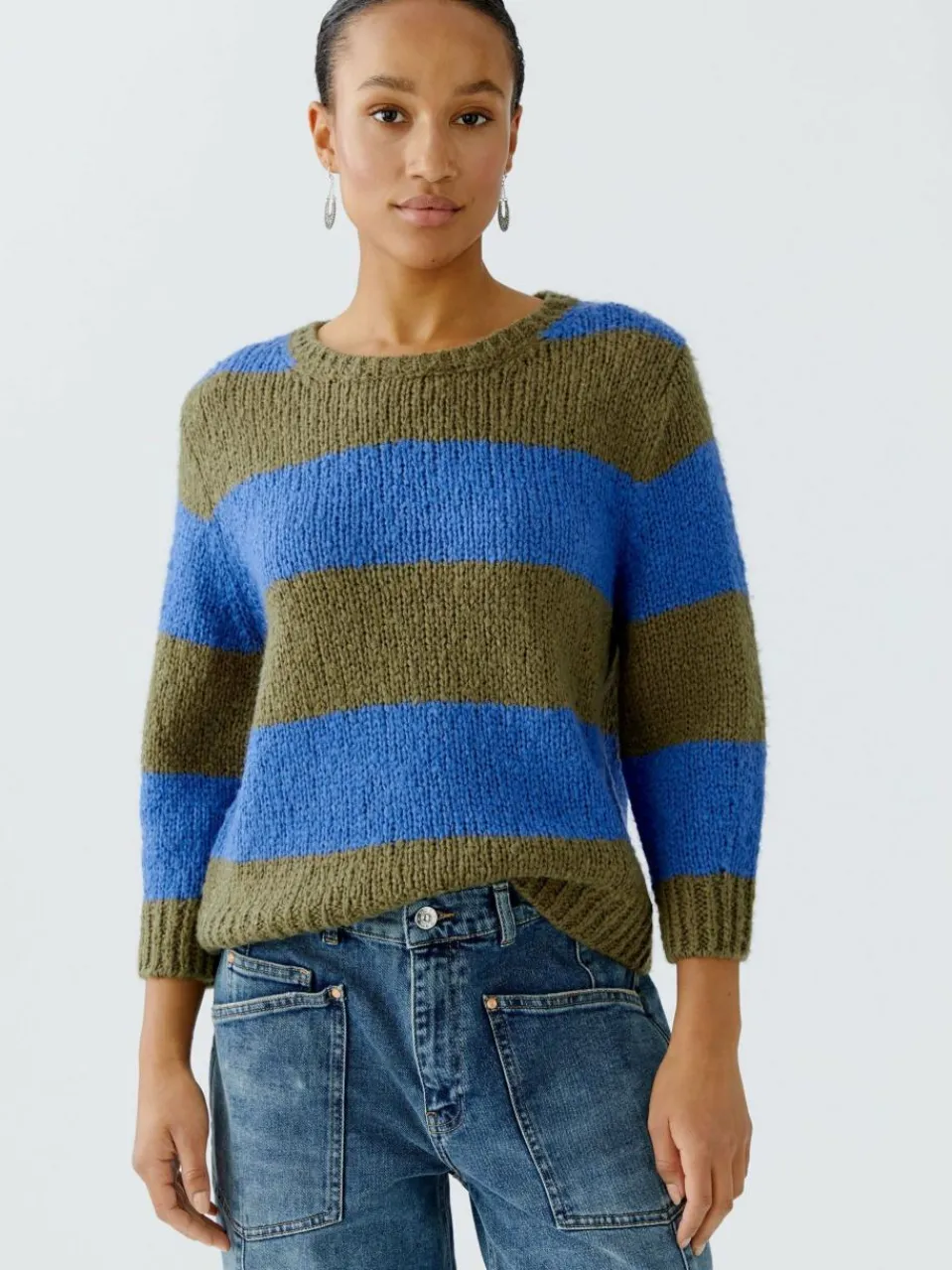 Oui Pullover & Strickjacken<Damen Pullover khaki blau gestreift