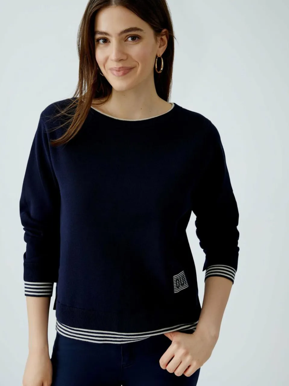 Oui Pullover & Strickjacken<Damen Pullover blau weiß uni