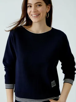 Oui Pullover & Strickjacken<Damen Pullover blau weiß uni