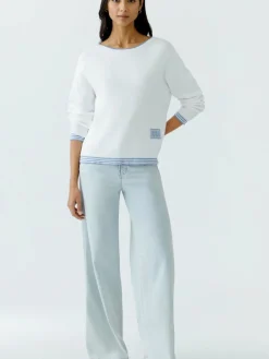 Oui Pullover & Strickjacken<Damen Pullover weiß blau uni