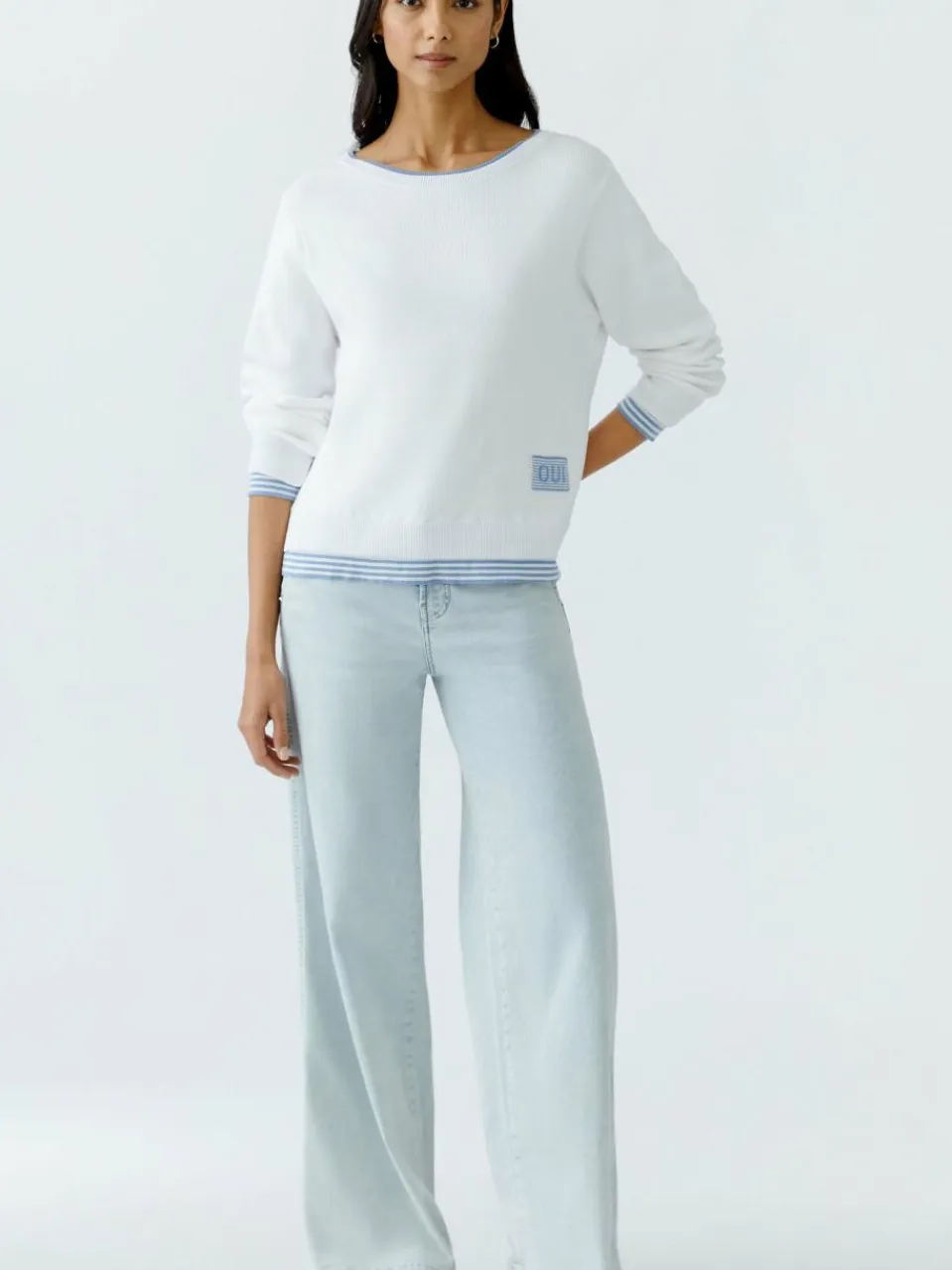 Oui Pullover & Strickjacken<Damen Pullover weiß blau uni
