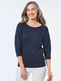 Goldner Pullover & Strickjacken<Damen Pullover - Baumwollmix mit Fledermausärmeln und Rippstruktur marine uni