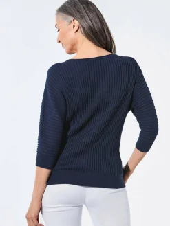 Goldner Pullover & Strickjacken<Damen Pullover - Baumwollmix mit Fledermausärmeln und Rippstruktur marine uni