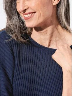 Goldner Pullover & Strickjacken<Damen Pullover - Baumwollmix mit Fledermausärmeln und Rippstruktur marine uni