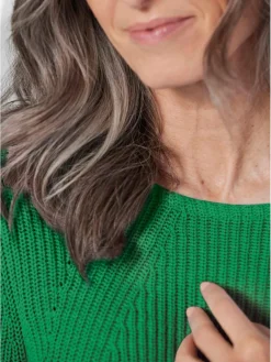 Goldner Pullover & Strickjacken<Damen Pullover - Figurschmeichelnder Pullover aus reiner Baumwolle grün uni