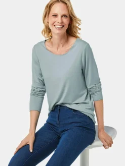 Goldner Sweatshirts & Sweatjacken<Damen Shirt - Kombistarkes Langarmshirt mit tonaler Zierkante grün uni