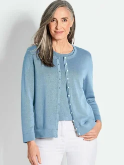 Goldner Pullover & Strickjacken<Damen Strickset - Figurnahes Twin-Set aus Pima-Baumwolle blau uni