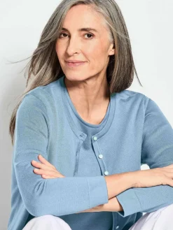 Goldner Pullover & Strickjacken<Damen Strickset - Figurnahes Twin-Set aus Pima-Baumwolle blau uni