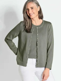 Goldner Pullover & Strickjacken<Damen Strickset - Figurnahes Twin-Set aus Pima-Baumwolle khaki uni