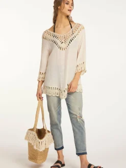 IZIA Blusen<Damen Tunika mit Häkelpart weiß uni