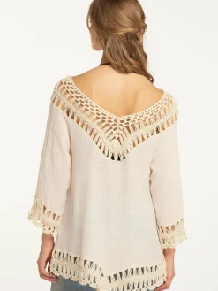 IZIA Blusen<Damen Tunika mit Häkelpart weiß uni