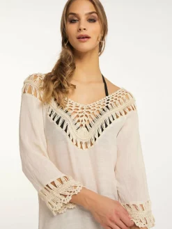 IZIA Blusen<Damen Tunika mit Häkelpart weiß uni