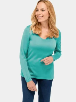 Goldner Pullover & Strickjacken<Damen V-Pullover - Unkomplizierter Pullover mit V-Ausschnitt smaragd uni