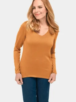 Goldner Pullover & Strickjacken<Damen V-Pullover - Unkomplizierter Pullover mit V-Ausschnitt gelb uni