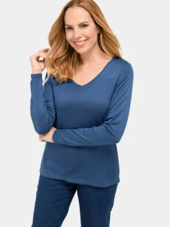 Goldner Pullover & Strickjacken<Damen V-Pullover - Unkomplizierter Pullover mit V-Ausschnitt blau uni