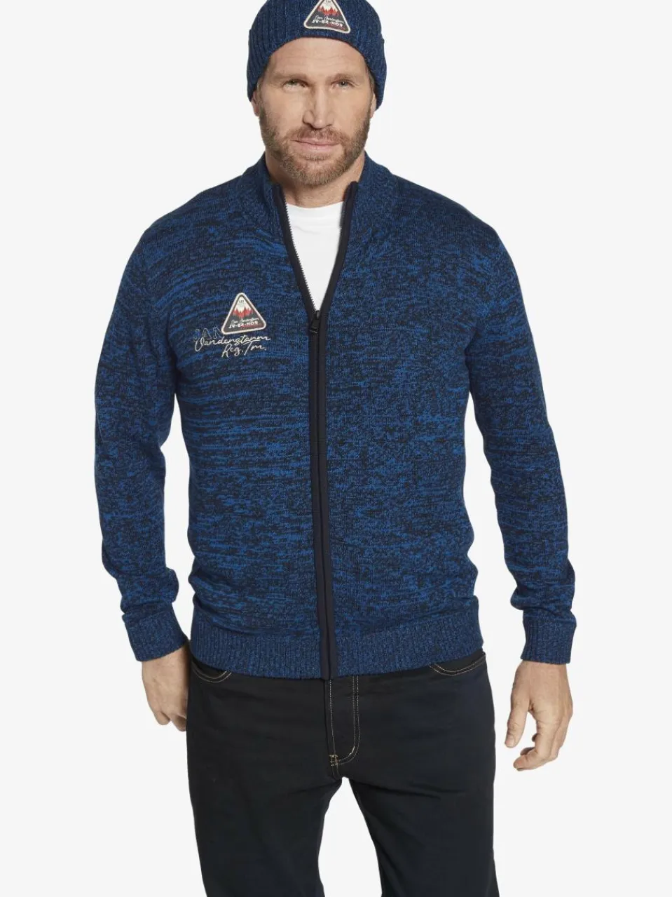 Jan Vanderstorm Mützen & Caps<Herren Strickjacke mit Mütze - APKE blau bedruckt